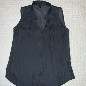 Banana Republic Navy Sleeveless Ruffled Blouse with Mandarin Collar